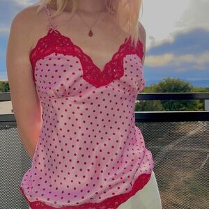 Red & Pink Polka Dot floral Lace Trim with sequins & beads Camisole tank top